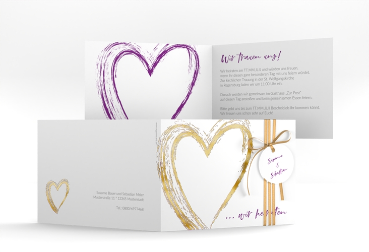 Hochzeitseinladung Liebe A6 Klappkarte quer lila gold