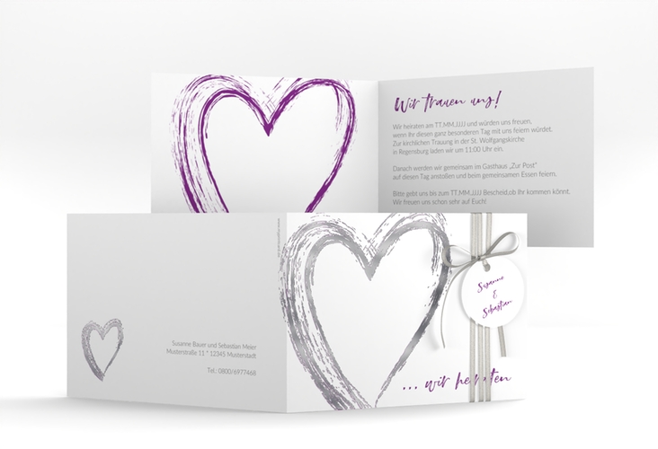 Hochzeitseinladung Liebe A6 Klappkarte quer lila silber
