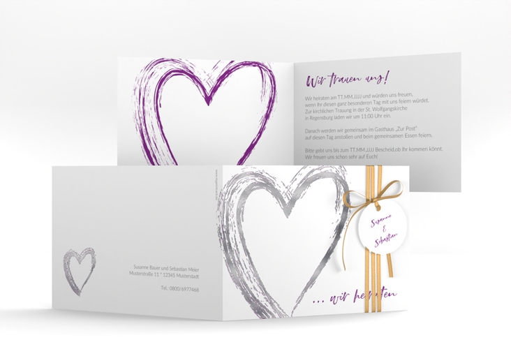 Hochzeitseinladung Liebe A6 Klappkarte quer lila silber