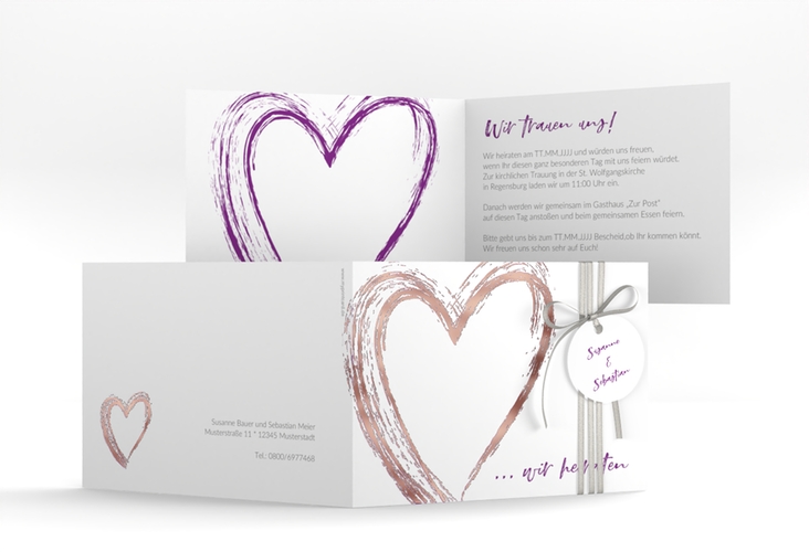 Hochzeitseinladung Liebe A6 Klappkarte quer lila rosegold