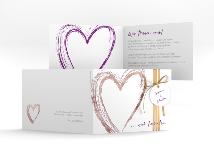 Hochzeitseinladung Liebe A6 Klappkarte quer lila rosegold