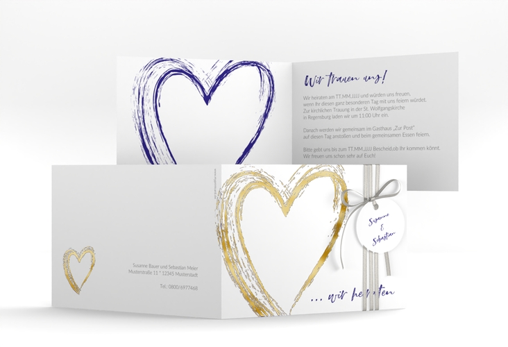 Hochzeitseinladung Liebe A6 Klappkarte quer blau gold