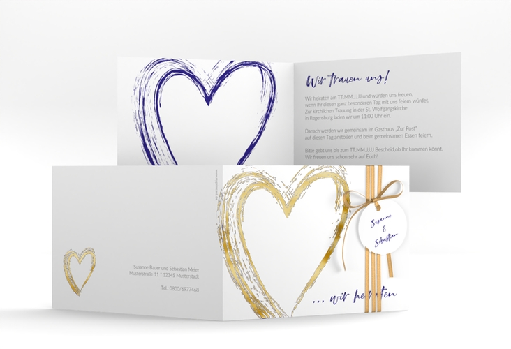Hochzeitseinladung Liebe A6 Klappkarte quer blau gold