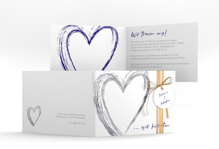 Hochzeitseinladung Liebe A6 Klappkarte quer blau silber