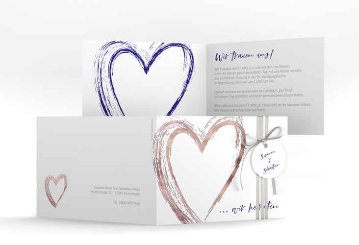 Hochzeitseinladung Liebe A6 Klappkarte quer blau rosegold