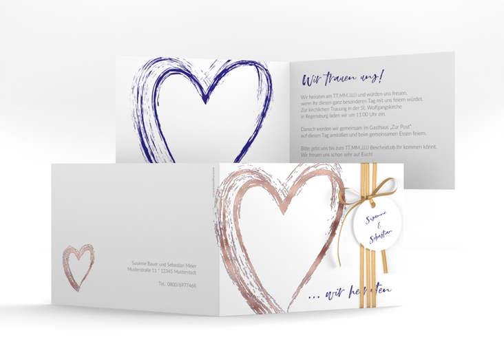 Hochzeitseinladung Liebe A6 Klappkarte quer blau rosegold
