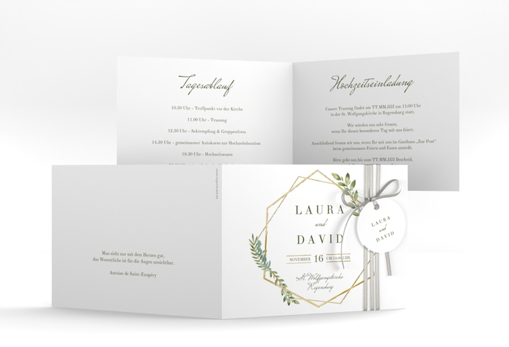 Hochzeitseinladung Herbarium A6 Klappkarte quer grau gold mit geometrischem Rahmen und Blätter-Dekor