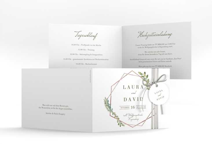 Hochzeitseinladung Herbarium A6 Klappkarte quer grau rosegold mit geometrischem Rahmen und Blätter-Dekor