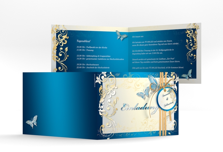 Hochzeitseinladung Toulouse A6 Klappkarte quer blau raised mit Schmetterlingen und Schnörkeln