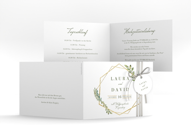 Hochzeitseinladung Herbarium A6 Klappkarte quer gold gold mit geometrischem Rahmen und Blätter-Dekor