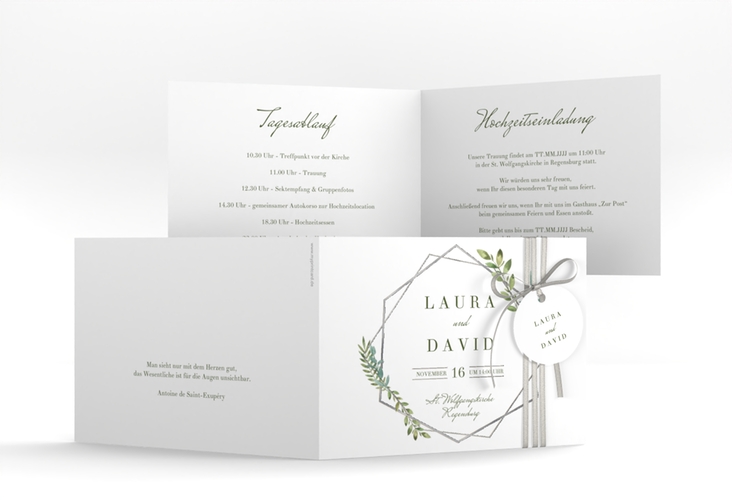 Hochzeitseinladung Herbarium A6 Klappkarte quer gold silber mit geometrischem Rahmen und Blätter-Dekor
