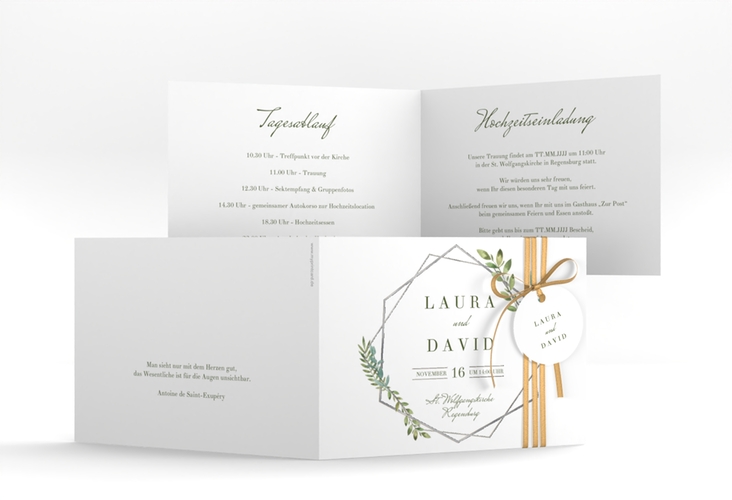 Hochzeitseinladung Herbarium A6 Klappkarte quer gold silber mit geometrischem Rahmen und Blätter-Dekor
