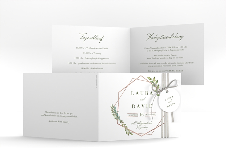Hochzeitseinladung Herbarium A6 Klappkarte quer gold rosegold mit geometrischem Rahmen und Blätter-Dekor