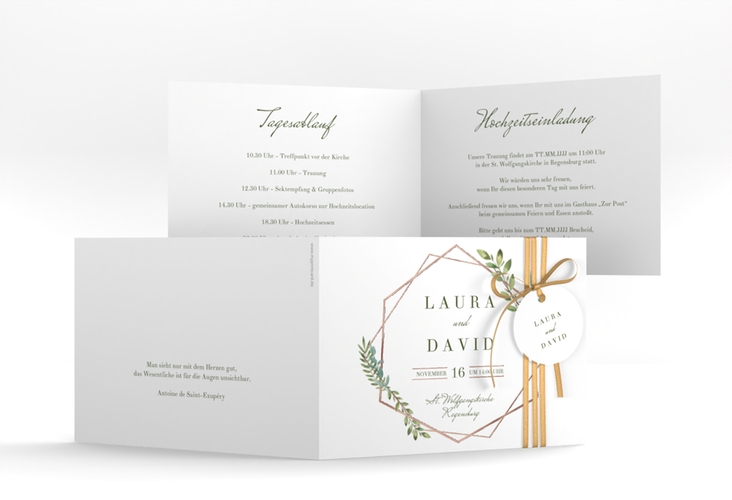 Hochzeitseinladung Herbarium A6 Klappkarte quer gold rosegold mit geometrischem Rahmen und Blätter-Dekor