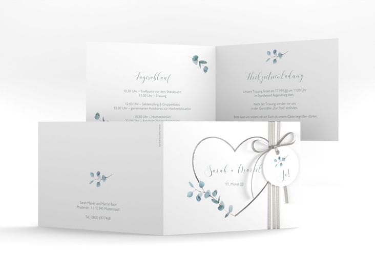 Hochzeitseinladung Greenheart A6 Klappkarte quer rosa silber mit elegantem Herz und Eukalyptus-Zweig