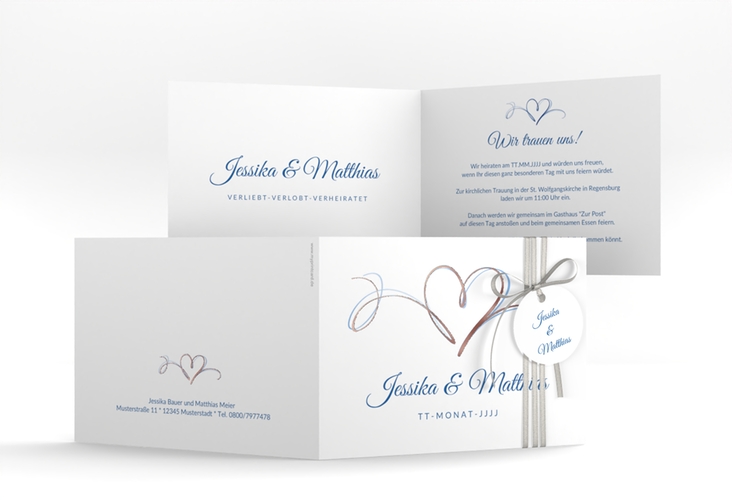 Hochzeitseinladung Envie A6 Klappkarte quer blau rosegold