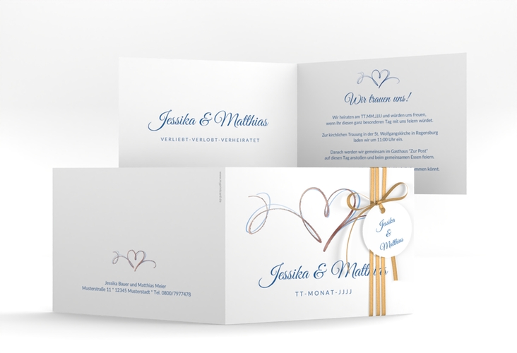 Hochzeitseinladung Envie A6 Klappkarte quer blau rosegold