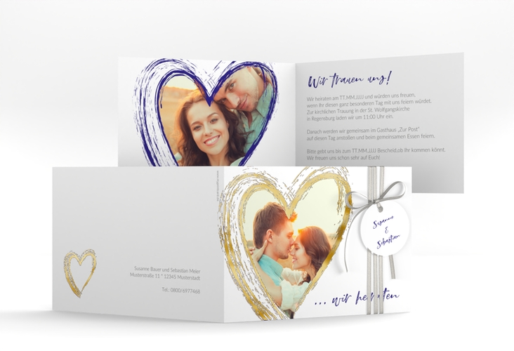 Hochzeitseinladung Liebe A6 Klappkarte quer blau gold