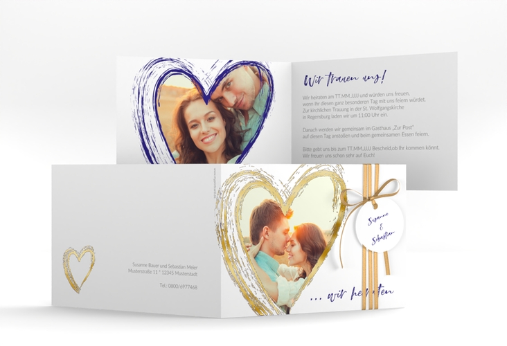 Hochzeitseinladung Liebe A6 Klappkarte quer blau gold