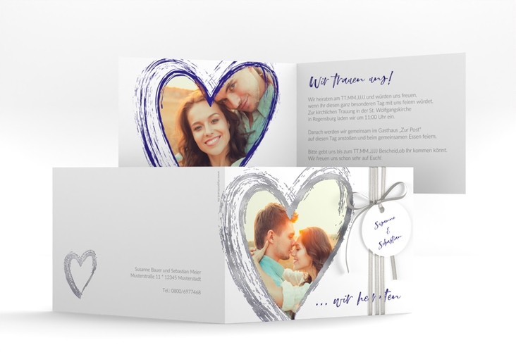 Hochzeitseinladung Liebe A6 Klappkarte quer blau silber