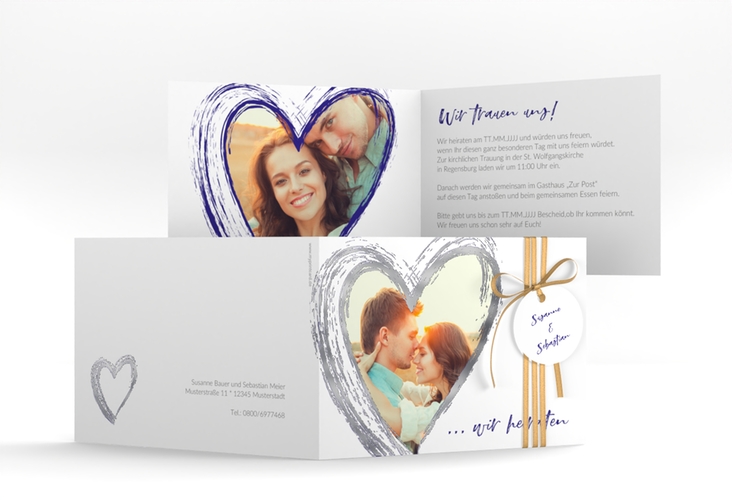 Hochzeitseinladung Liebe A6 Klappkarte quer blau silber