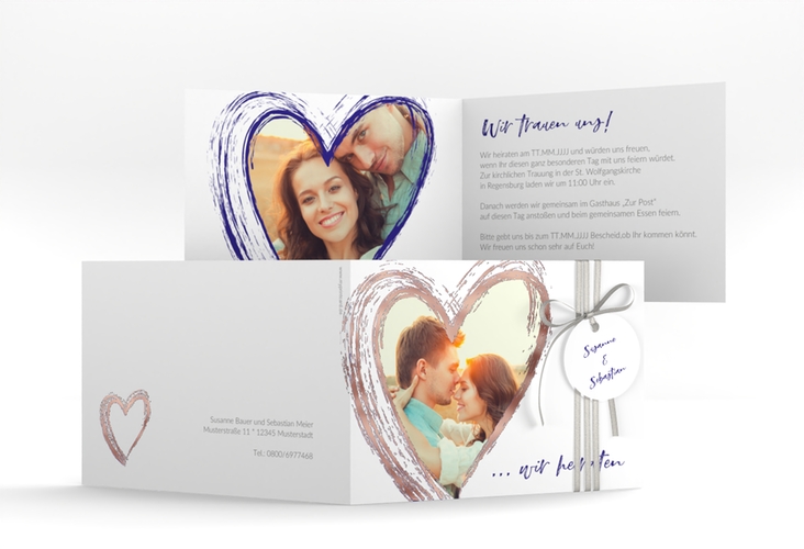 Hochzeitseinladung Liebe A6 Klappkarte quer blau rosegold