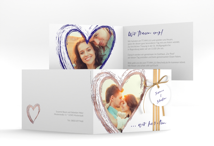 Hochzeitseinladung Liebe A6 Klappkarte quer blau rosegold