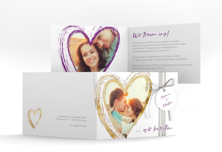 Hochzeitseinladung Liebe A6 Klappkarte quer lila gold