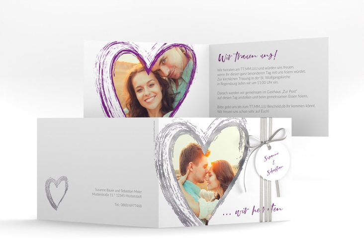 Hochzeitseinladung Liebe A6 Klappkarte quer lila silber