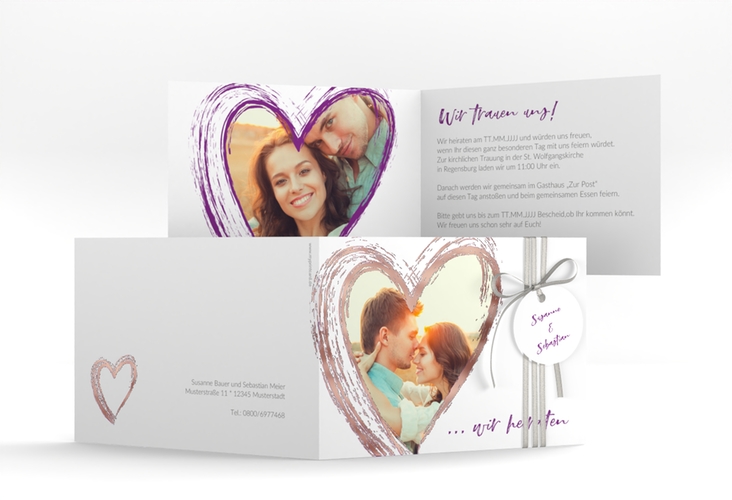 Hochzeitseinladung Liebe A6 Klappkarte quer lila rosegold