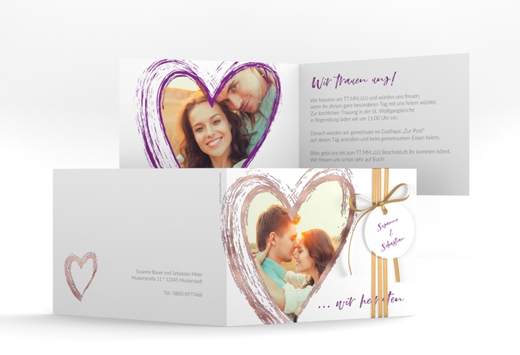 Hochzeitseinladung Liebe A6 Klappkarte quer lila rosegold