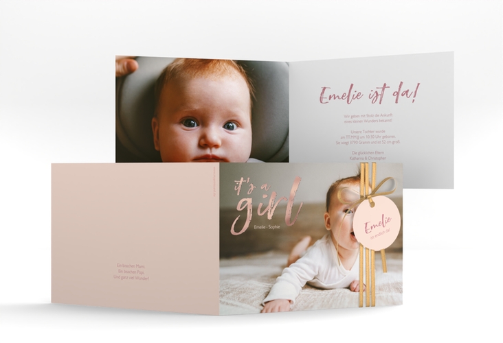Geburtskarte Girl A6 Klappkarte quer rosa rosegold