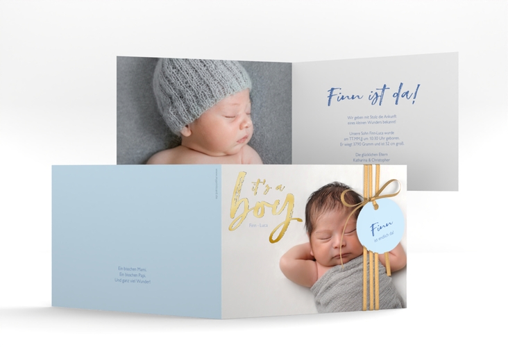Geburtskarte Boy A6 Klappkarte quer blau gold