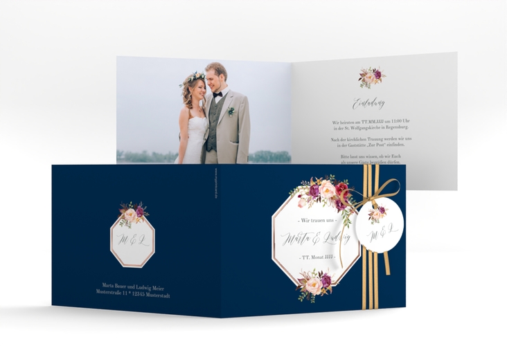 Hochzeitseinladung Prachtvoll A6 Klappkarte quer blau rosegold