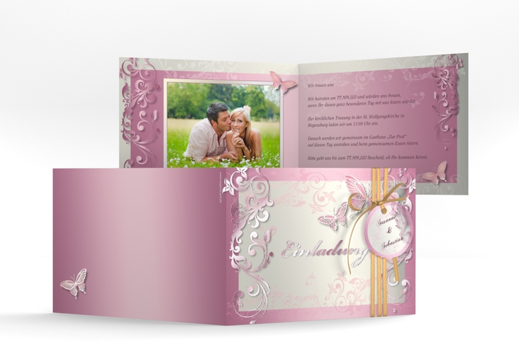 Hochzeitseinladung Toulouse A6 Klappkarte quer rosa raised mit Schmetterlingen und Schnörkeln