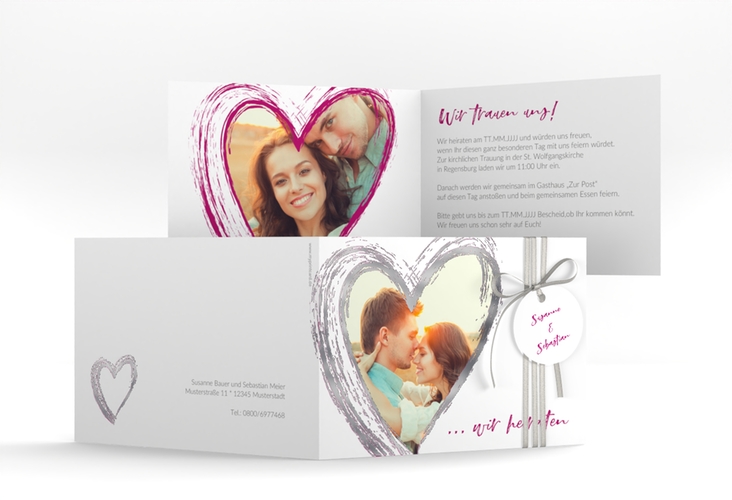 Hochzeitseinladung Liebe A6 Klappkarte quer pink silber
