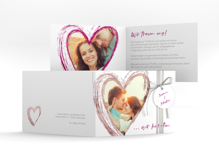 Hochzeitseinladung Liebe A6 Klappkarte quer pink rosegold