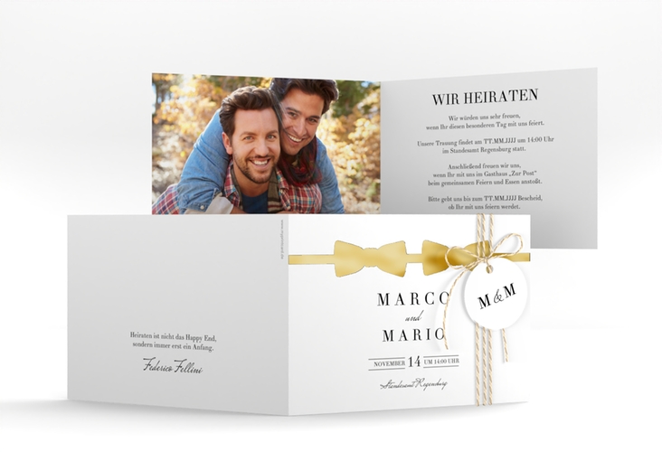 Hochzeitseinladung Suits A6 Klappkarte quer schwarz gold