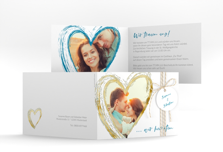 Hochzeitseinladung Liebe A6 Klappkarte quer tuerkis gold