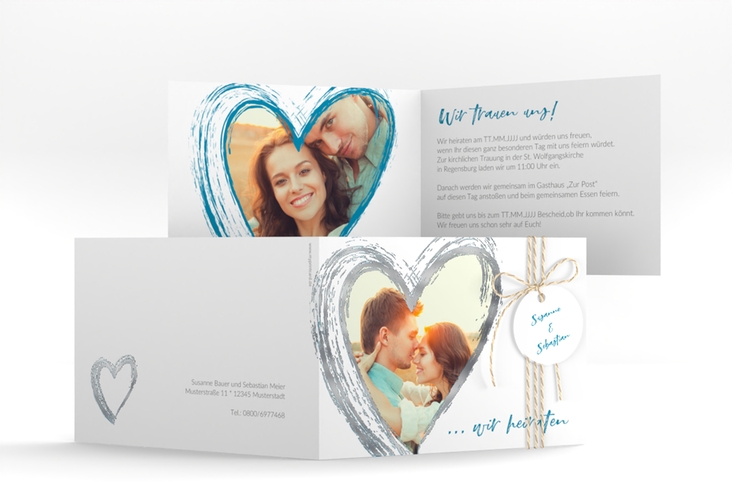 Hochzeitseinladung Liebe A6 Klappkarte quer tuerkis silber