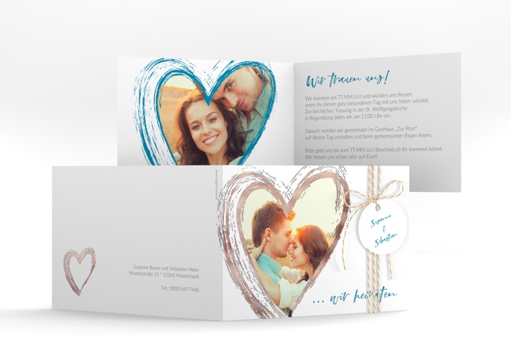 Hochzeitseinladung Liebe A6 Klappkarte quer tuerkis rosegold