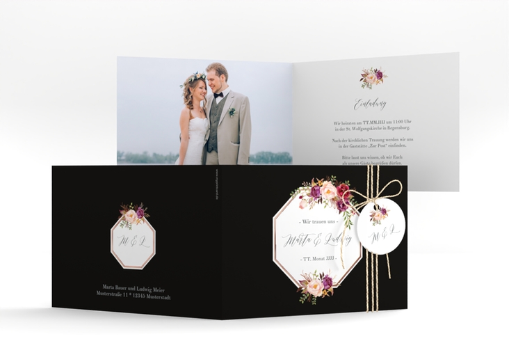 Hochzeitseinladung Prachtvoll A6 Klappkarte quer schwarz rosegold