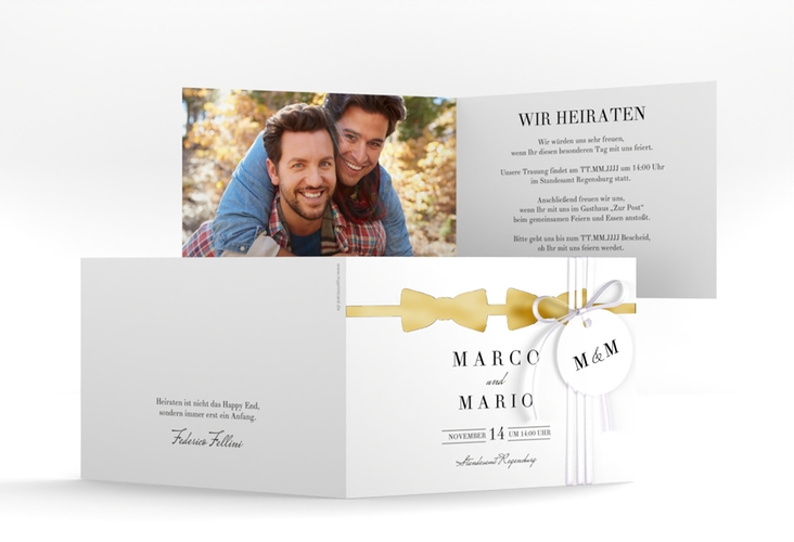 Hochzeitseinladung Suits A6 Klappkarte quer schwarz gold