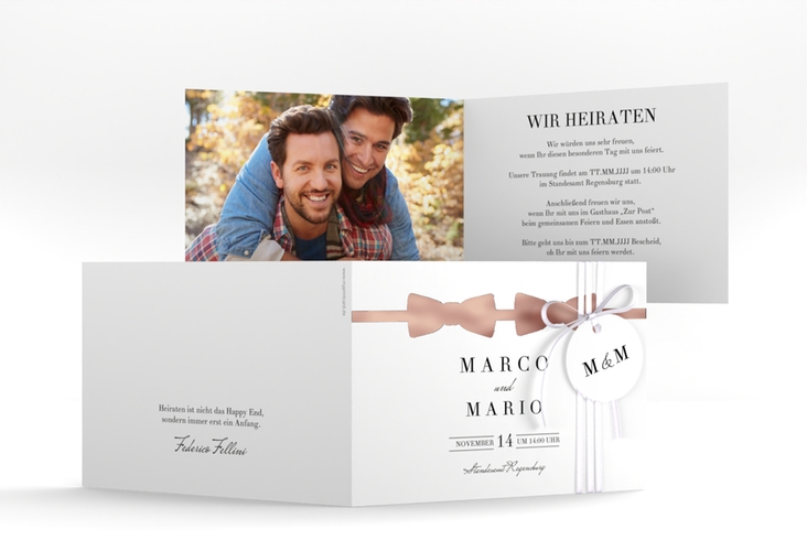 Hochzeitseinladung Suits A6 Klappkarte quer schwarz rosegold