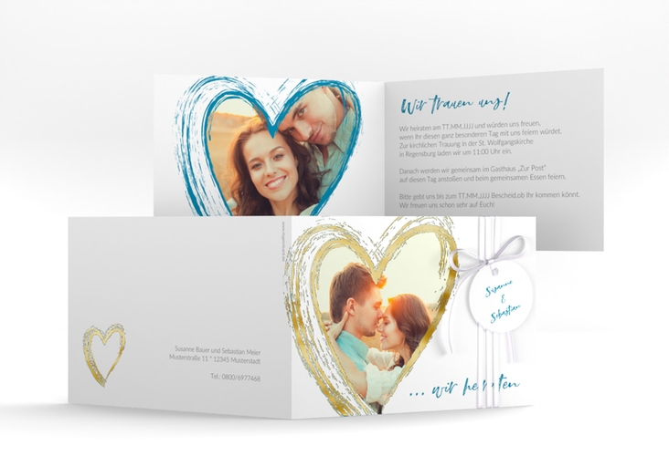 Hochzeitseinladung Liebe A6 Klappkarte quer tuerkis gold