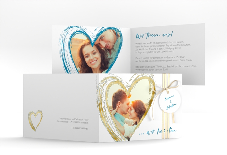Hochzeitseinladung Liebe A6 Klappkarte quer tuerkis gold