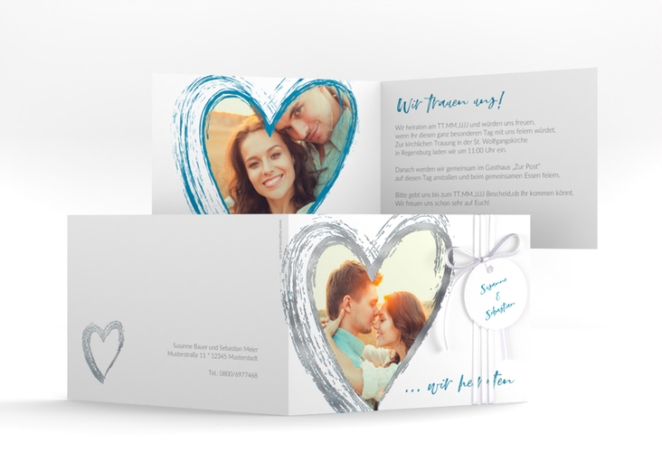 Hochzeitseinladung Liebe A6 Klappkarte quer tuerkis silber