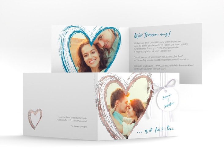 Hochzeitseinladung Liebe A6 Klappkarte quer tuerkis rosegold
