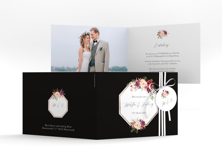 Hochzeitseinladung Prachtvoll A6 Klappkarte quer schwarz rosegold