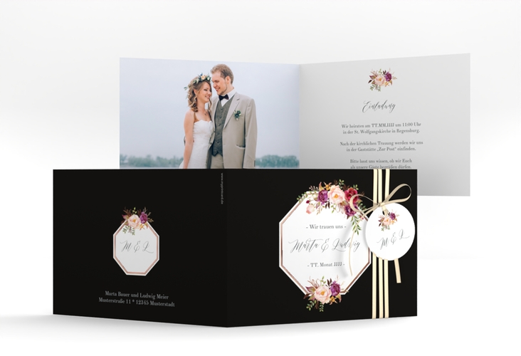Hochzeitseinladung Prachtvoll A6 Klappkarte quer schwarz rosegold